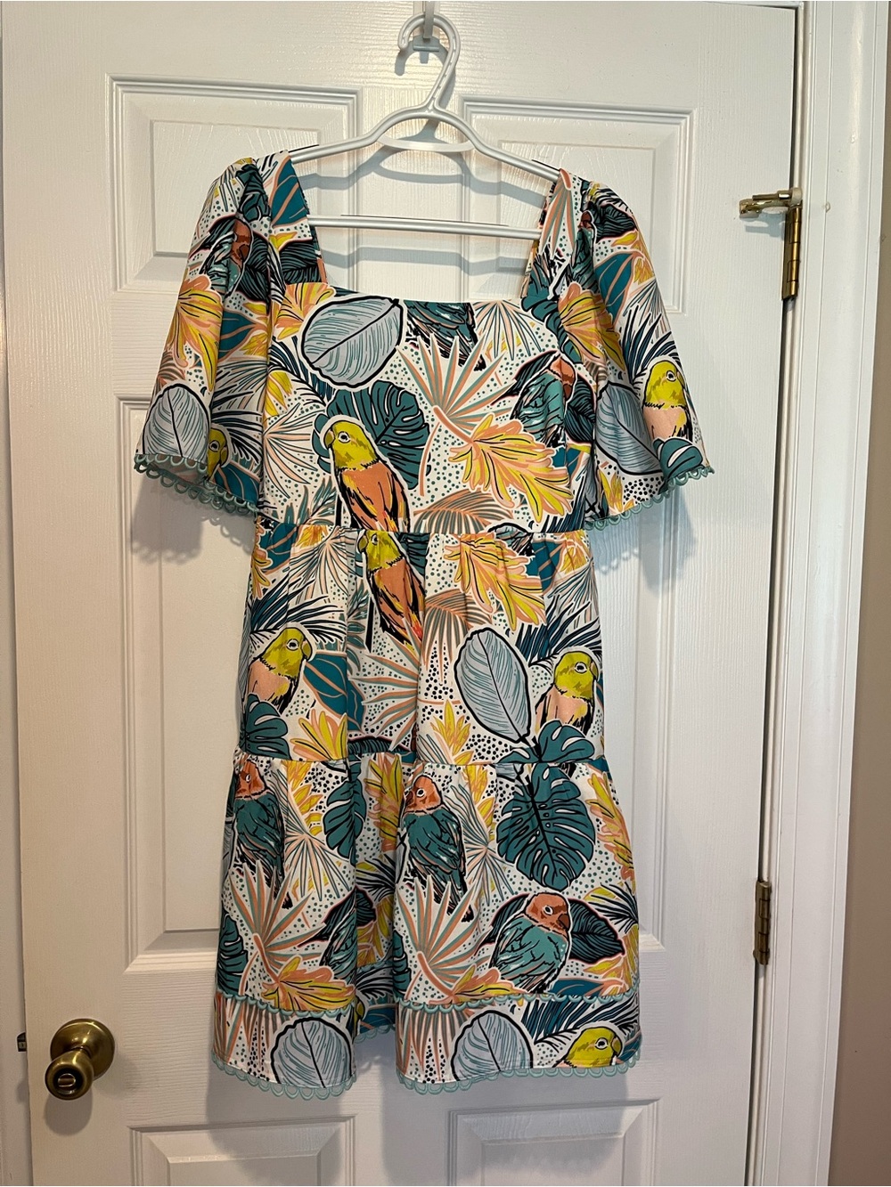 Jade Tropical Parrot Print Dress in Teal, Yellow & Coral